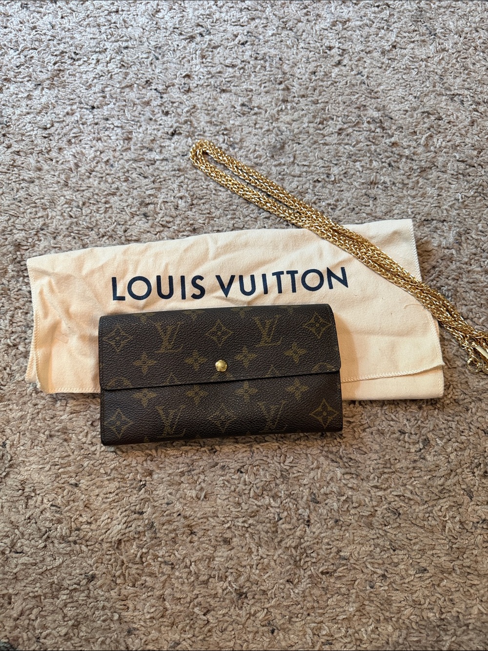 Authentic Louis Vuitton Monogram Sarah Wallet on Chain in Brown with Gold Chain